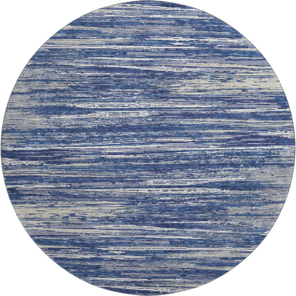 HomeRoots 8' Navy Blue Ivory & Gray Striped Round Rug - Washable, UV Protected, Durable for High-Traffic Areas 671237