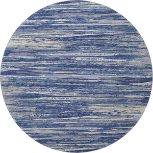 HomeRoots 8' Navy Blue Ivory & Gray Striped Round Rug - Washable, UV Protected, Durable for High-Traffic Areas 671237
