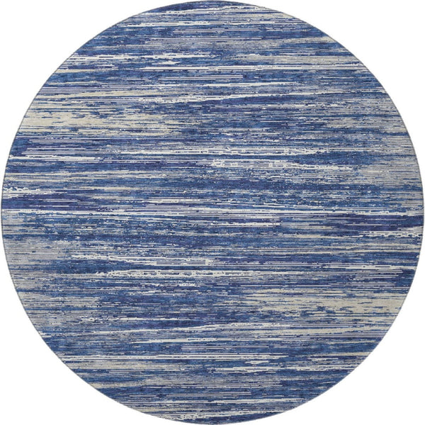 HomeRoots 8' Navy Blue Ivory & Gray Striped Round Rug - Washable, UV Protected, Durable for High-Traffic Areas 671237