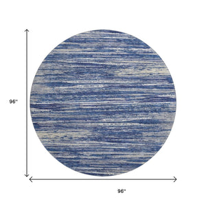 HomeRoots 8' Navy Blue Ivory & Gray Striped Round Rug - Washable, UV Protected, Durable for High-Traffic Areas 671237