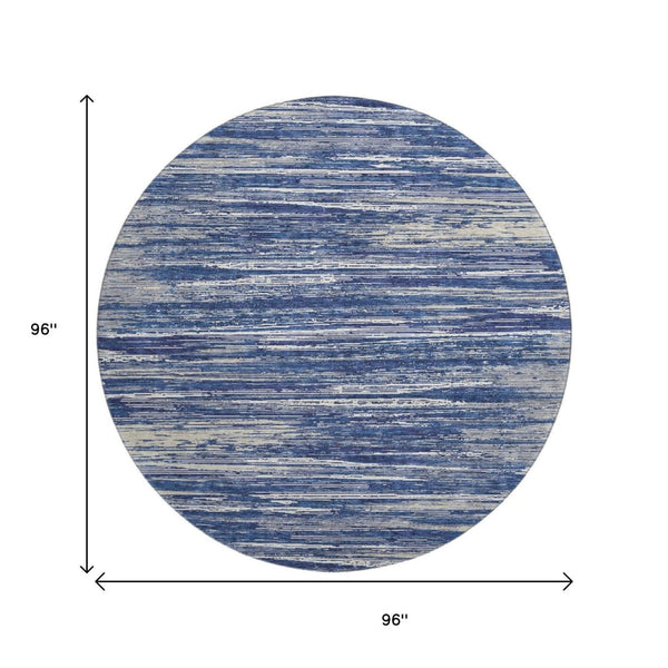 HomeRoots 8' Navy Blue Ivory & Gray Striped Round Rug - Washable, UV Protected, Durable for High-Traffic Areas 671237
