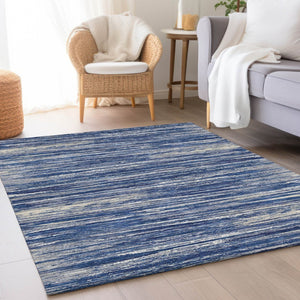 HomeRoots 9' X 12' Navy Blue, Ivory & Gray Striped Washable Area Rug with UV Protection for Modern Homes 671239
