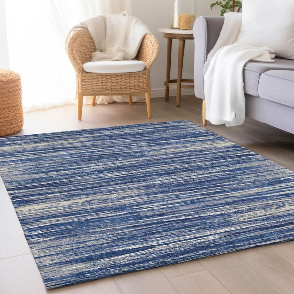HomeRoots 9' X 12' Navy Blue, Ivory & Gray Striped Washable Area Rug with UV Protection for Modern Homes 671239