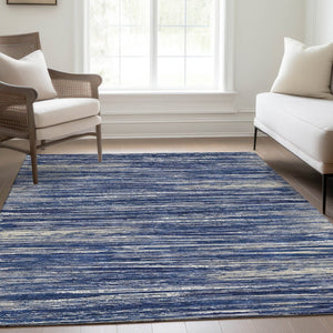 HomeRoots 9' X 12' Navy Blue, Ivory & Gray Striped Washable Area Rug with UV Protection for Modern Homes 671239