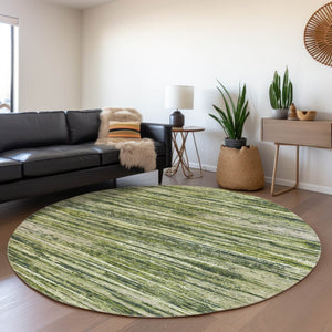 HomeRoots 8' Olive Green and Beige Striped Round Rug - Washable, Stain-Resistant, UV Protected for Any Room 671243