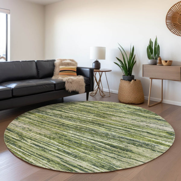 HomeRoots 8' Olive Green and Beige Striped Round Rug - Washable, Stain-Resistant, UV Protected for Any Room 671243