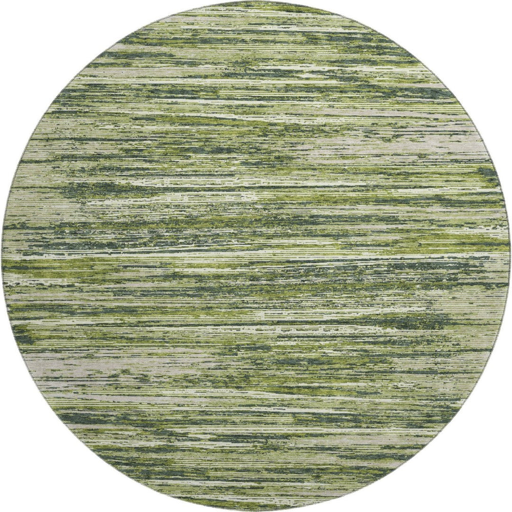 HomeRoots 8' Olive Green and Beige Striped Round Rug - Washable, Stain-Resistant, UV Protected for Any Room 671243