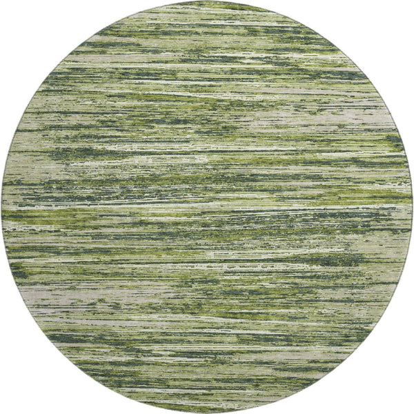 HomeRoots 8' Olive Green and Beige Striped Round Rug - Washable, Stain-Resistant, UV Protected for Any Room 671243