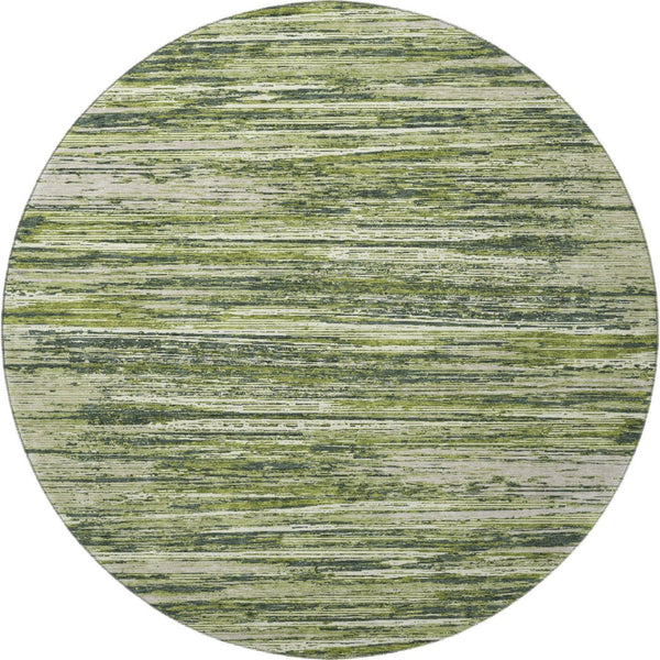 HomeRoots 8' Olive Green and Beige Striped Round Rug - Washable, Stain-Resistant, UV Protected for Any Room 671243