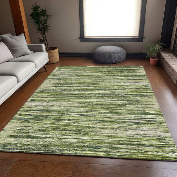 HomeRoots 10' Olive Green & Beige Striped Washable Area Rug - Durable, Stain-Resistant, UV Protected Design! 671246
