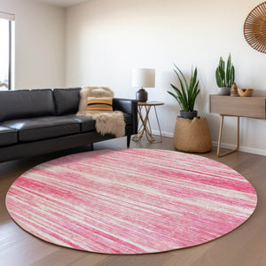 HomeRoots 8' Pink And Ivory Striped Washable Round Rug with UV Protection - Stylish, Durable, and Soft Comfort 671249