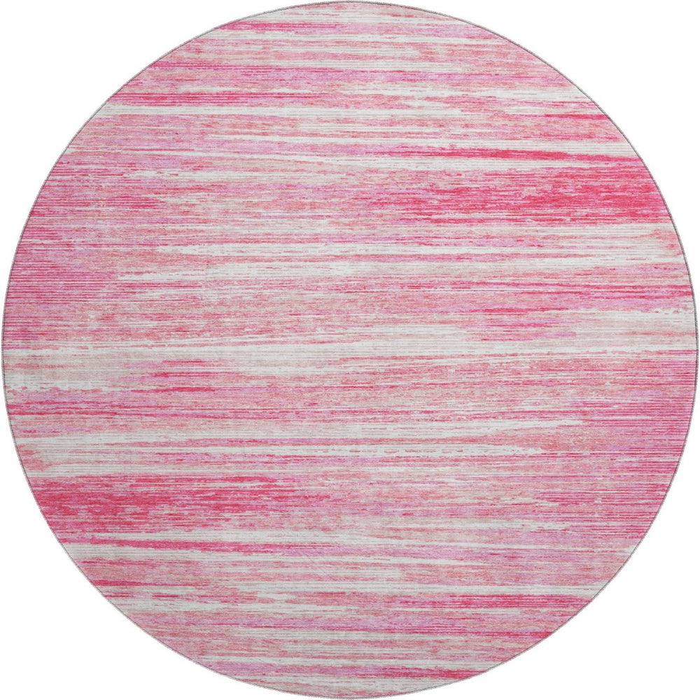 HomeRoots 8' Pink And Ivory Striped Washable Round Rug with UV Protection - Stylish, Durable, and Soft Comfort 671249