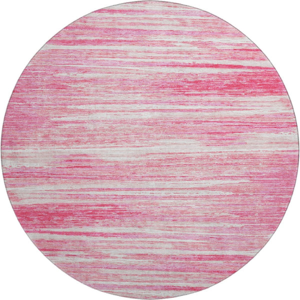 HomeRoots 8' Pink And Ivory Striped Washable Round Rug with UV Protection - Stylish, Durable, and Soft Comfort 671249