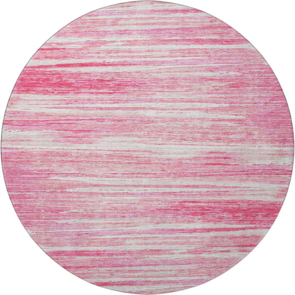 HomeRoots 8' Pink And Ivory Striped Washable Round Rug with UV Protection - Stylish, Durable, and Soft Comfort 671249