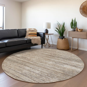 HomeRoots 8' Striped Washable Round Rug in Taupe, Ivory & Beige - Durable, Stain Resistant with UV Protection! 671255