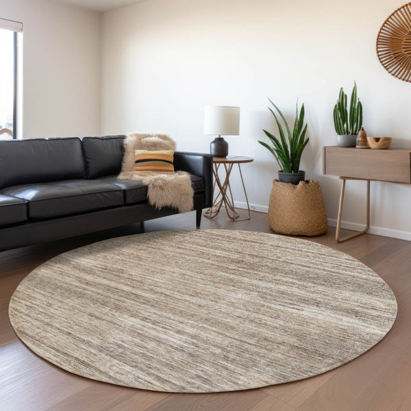 HomeRoots 8' Striped Washable Round Rug in Taupe, Ivory & Beige - Durable, Stain Resistant with UV Protection! 671255