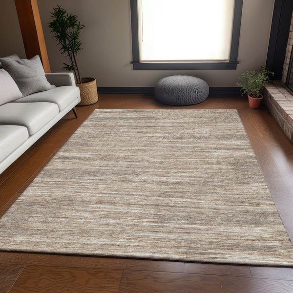HomeRoots 8' X 10' Striped Taupe Ivory Beige Washable Area Rug - Durable, UV-Protected, Perfect for Any Space 671256