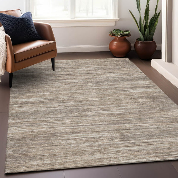 HomeRoots 9' X 12' Striped Taupe Ivory Beige Area Rug - Washable, UV Protected, Pet-Friendly for Stylish Spaces 671257