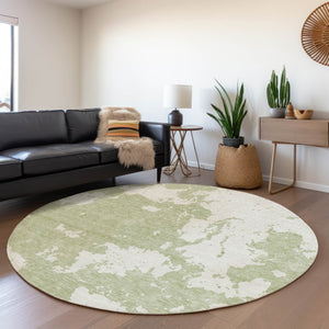 HomeRoots 8' Artichoke Green and Ivory Abstract Round Rug - Washable, UV-Protected, Stain-Resistant Design! 671261