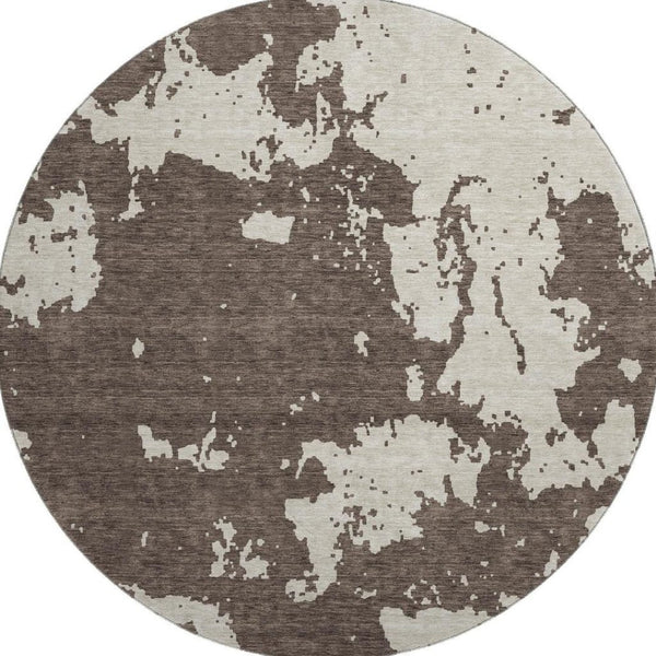 HomeRoots 8' Washable Round Rug in Brown and Beige Abstract Design — Durable, UV Protected, Soft & Stylish! 671279