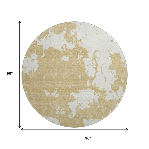 HomeRoots 8' Gold and Beige Abstract Washable Round Rug - Durable, UV-Protected, Ideal for Modern Living Spaces 671285