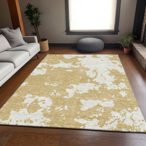 HomeRoots 9' X 12' Gold and Beige Abstract Washable Area Rug – Durable, UV-Protected, and Easy to Clean Design 671287