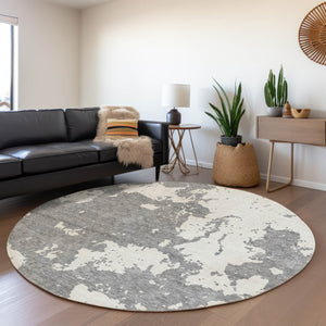 HomeRoots 8' Gray and Beige Abstract Washable Round Rug with UV Protection - Perfect for Busy Homes & Style! 671291