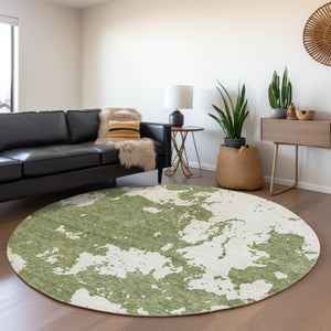 HomeRoots 8' Green and Beige Abstract Round Rug - Washable, UV Protected, Ideal for Active Homes and Style 671297