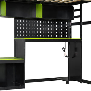 English Elm Full Size Gaming Loft Bed with Built-in Desk Led Lighting Usb Ports and Pegboard Black+Green LT000270AAG