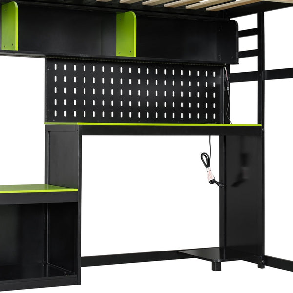 English Elm Full Size Gaming Loft Bed with Built-in Desk Led Lighting Usb Ports and Pegboard Black+Green LT000270AAG