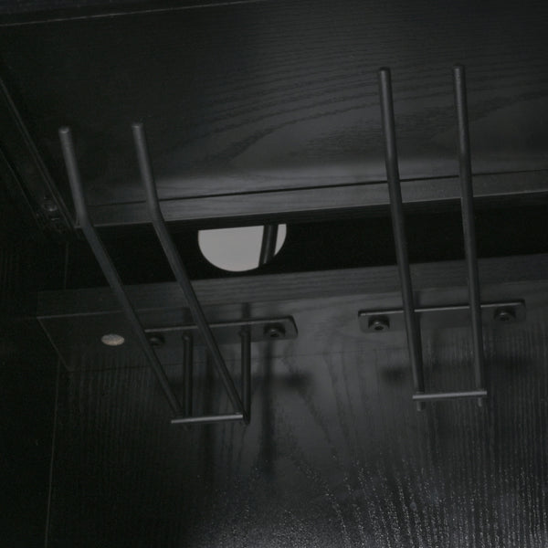 English Elm K&K 58" Farmhouse Kitchen Island with Sliding Barn Door, Drop Leaf, Glass Rack, Locking Wheels, Power Black N707P349811B