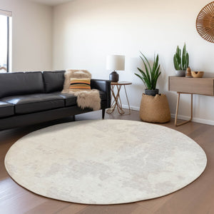 HomeRoots 8' Ivory And Beige Abstract Round Rug - Washable, Stain-Resistant, UV-Protected for High-Traffic Areas 671303