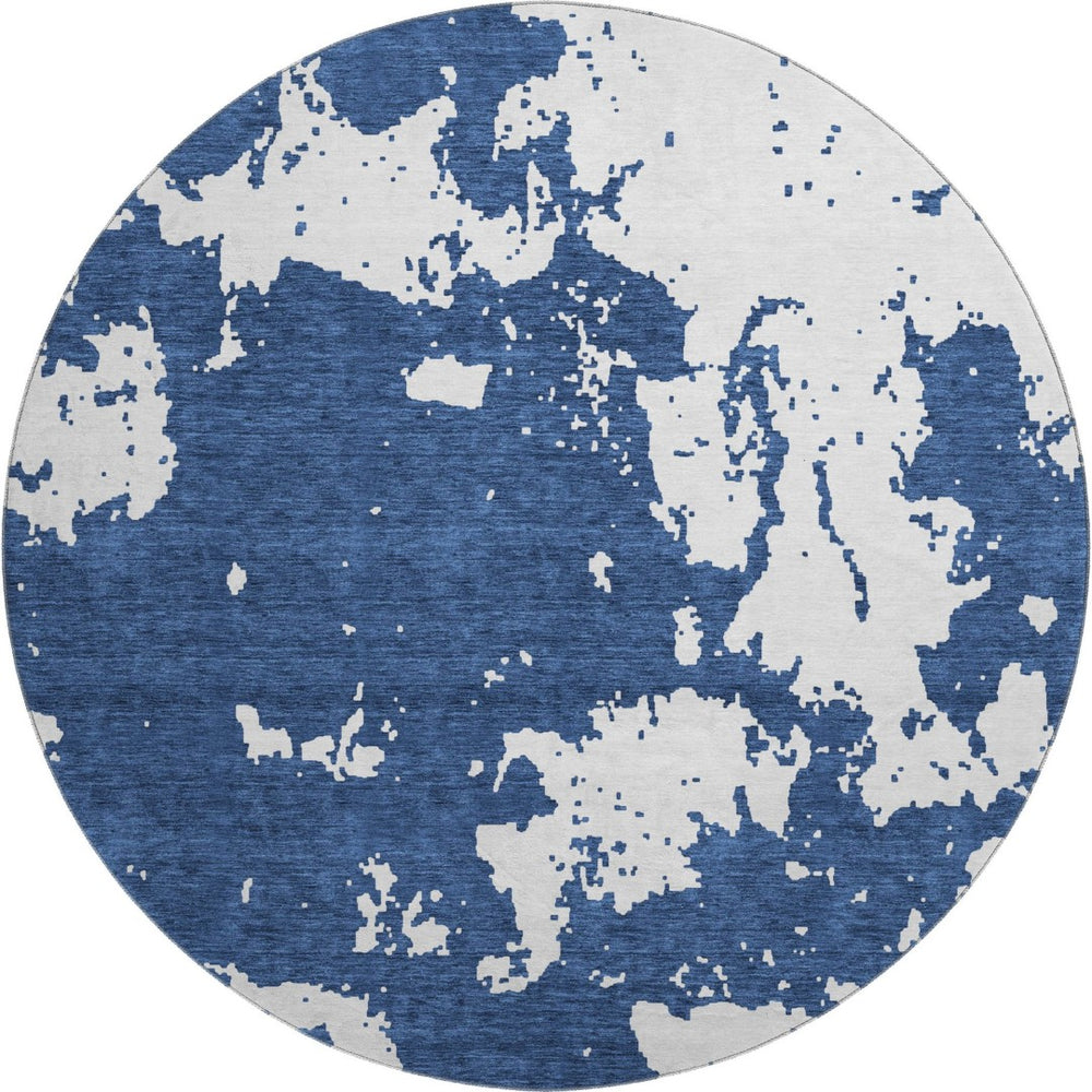HomeRoots 8' Navy Blue and Ivory Abstract Washable Round Rug - Stain Resistant, UV Protected, Modern Design! 671309