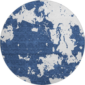 HomeRoots 8' Navy Blue and Ivory Abstract Washable Round Rug - Stain Resistant, UV Protected, Modern Design! 671309