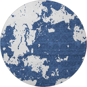 HomeRoots 8' Navy Blue and Ivory Abstract Washable Round Rug - Stain Resistant, UV Protected, Modern Design! 671309