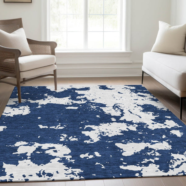 HomeRoots 8' X 10' Navy Blue & Ivory Abstract Area Rug - Washable, UV-Protected, Stylish & Durable for Homes 671310