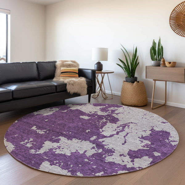 HomeRoots 8' Abstract Purple and Gray Round Rug – Washable, UV Protected, Stain Resistant for Busy Homes 671315