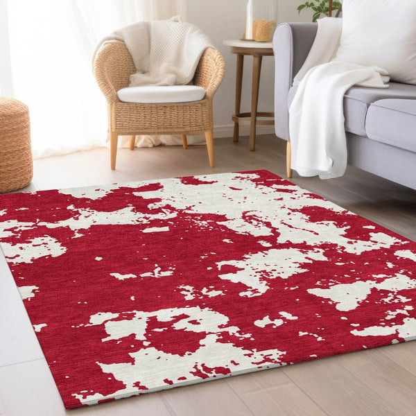 HomeRoots 5' Red and Ivory Abstract Washable Area Rug - UV Protected, Stain Resistant, Non-Slip Design for Homes 671320