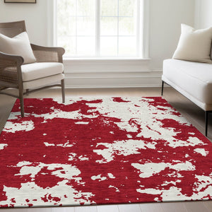 HomeRoots 5' Red and Ivory Abstract Washable Area Rug - UV Protected, Stain Resistant, Non-Slip Design for Homes 671320