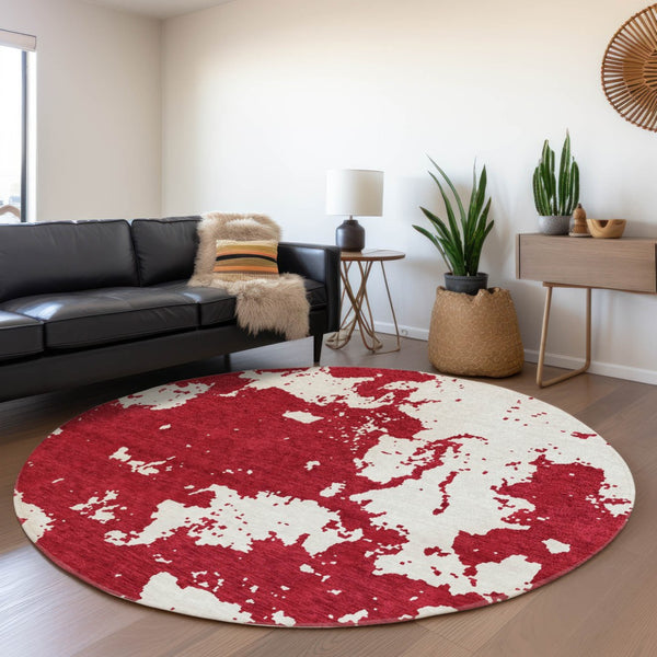 HomeRoots 8' Red and Ivory Abstract Round Rug - Washable, UV-Protected, Stylish, Durable for Busy Spaces 671321