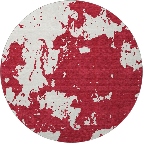 HomeRoots 8' Red and Ivory Abstract Round Rug - Washable, UV-Protected, Stylish, Durable for Busy Spaces 671321