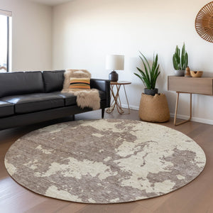 HomeRoots 8' Stylish Taupe and Beige Abstract Washable Round Rug with UV Protection for High-Traffic Areas 671339