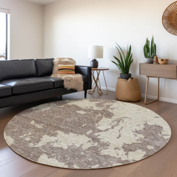 HomeRoots 8' Stylish Taupe and Beige Abstract Washable Round Rug with UV Protection for High-Traffic Areas 671339