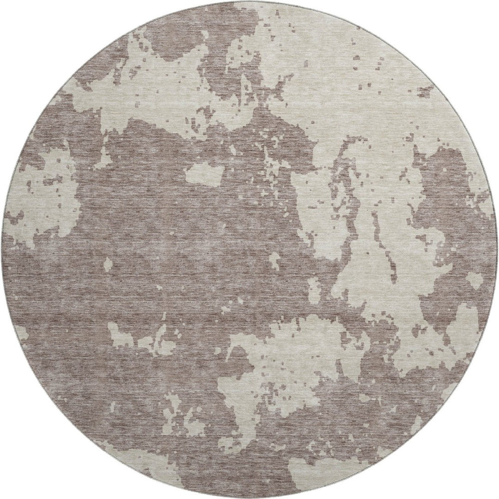 HomeRoots 8' Stylish Taupe and Beige Abstract Washable Round Rug with UV Protection for High-Traffic Areas 671339