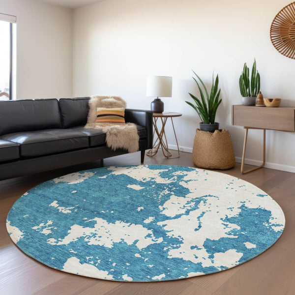 HomeRoots 8' Teal and Ivory Abstract Round Rug - Stylish, Durable, Stain-Resistant with UV Protection for Homes 671345