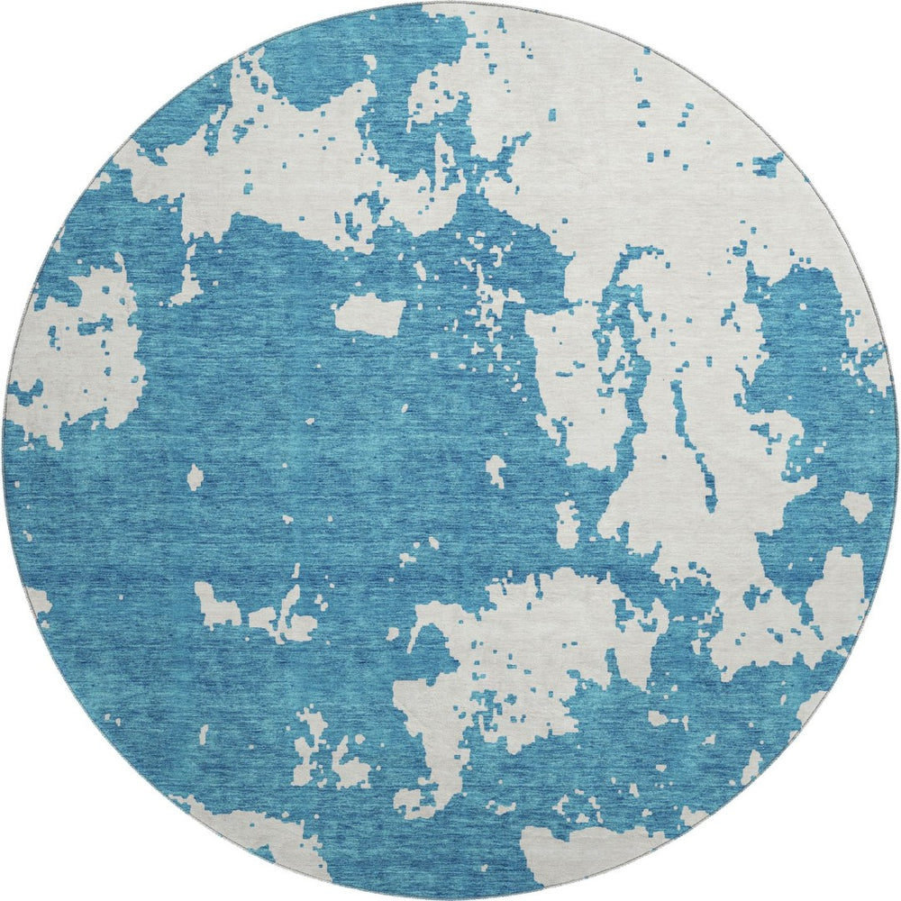 HomeRoots 8' Teal and Ivory Abstract Round Rug - Stylish, Durable, Stain-Resistant with UV Protection for Homes 671345