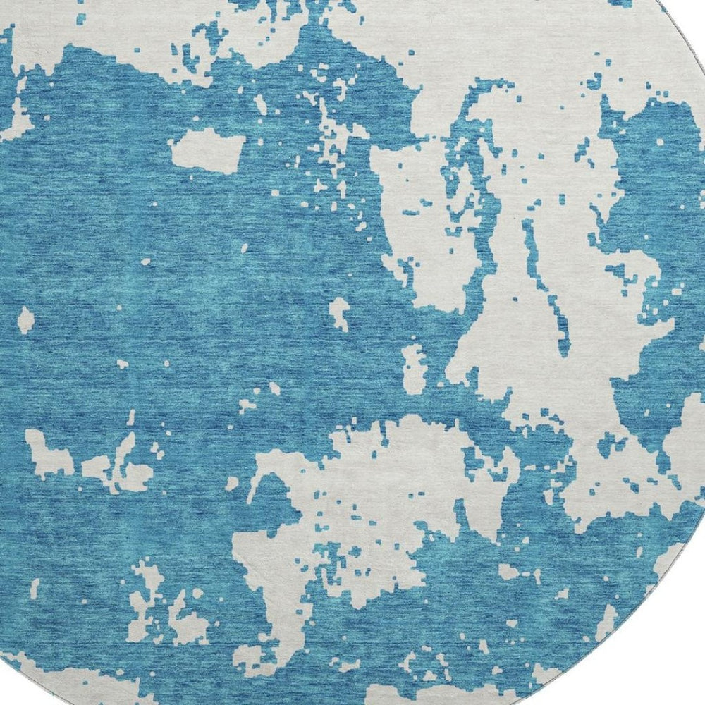 HomeRoots 8' Teal and Ivory Abstract Round Rug - Stylish, Durable, Stain-Resistant with UV Protection for Homes 671345