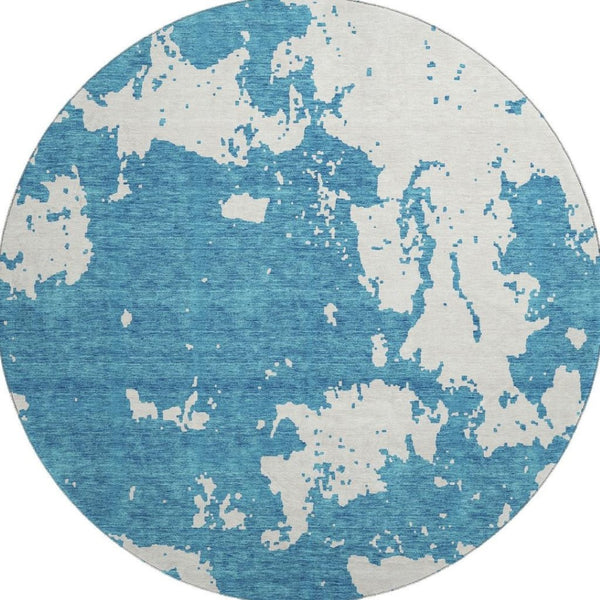 HomeRoots 8' Teal and Ivory Abstract Round Rug - Stylish, Durable, Stain-Resistant with UV Protection for Homes 671345