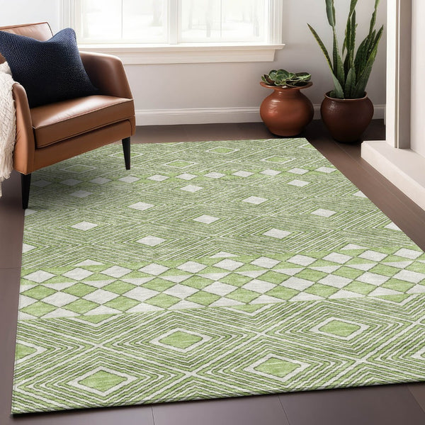 HomeRoots 8' X 10' Artichoke Green & Ivory Geometric Washable Area Rug - Durable, Stain-Resistant, UV Protected 671352