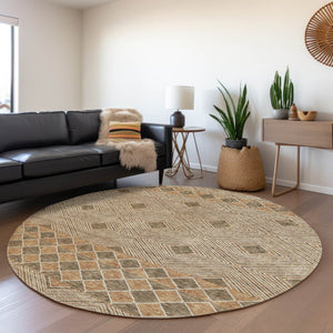 HomeRoots 8' Washable Brown and Beige Geometric Round Rug with UV Protection - Perfect for Homes with Kids & Pets 671363
